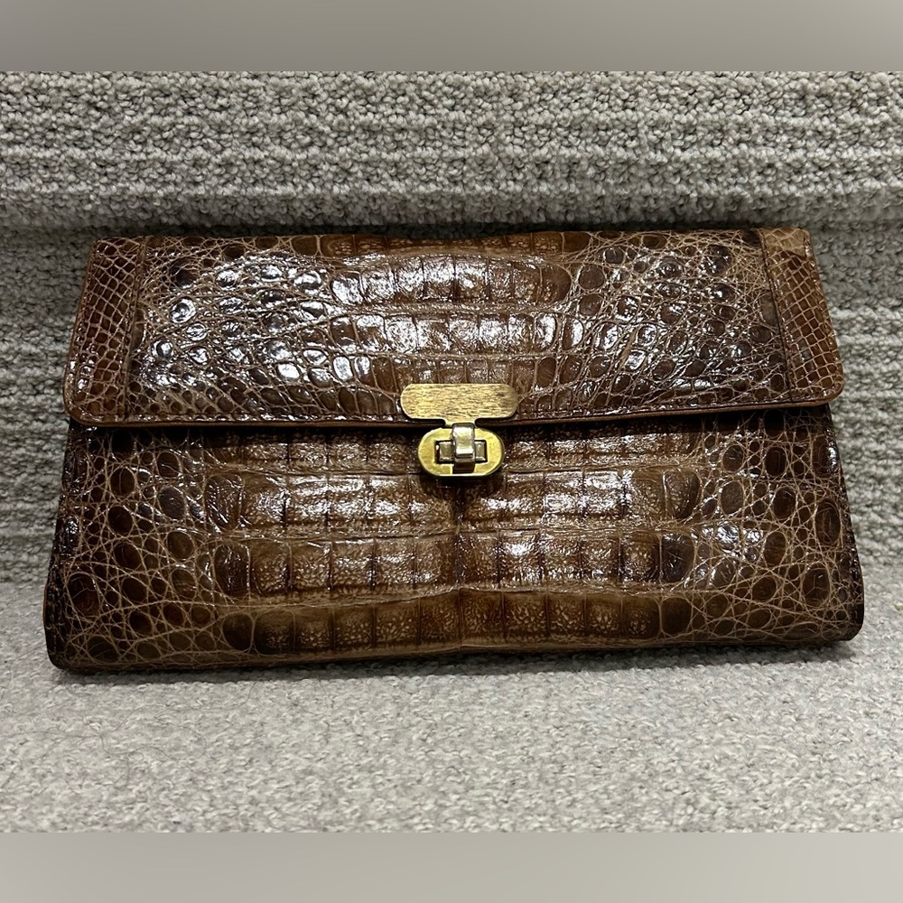 Vintage brown cognac Faux Alligator Clutch Bag